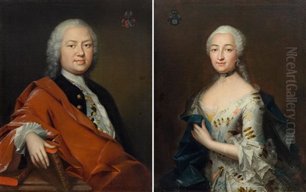 Pair Of Works: Portrait Of The Medic, Botanist And Explorer Johann Georg Gmelin (tubingen 1709 -1755) And Portrait Of His Wife Barbara Gmelin, Nee Fromman, With Coat Of Arms Of The Sitters Upper Right And Upper Left Oil Painting by Wolfgang Dietrich Majer