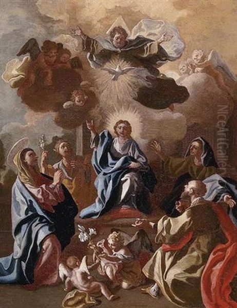 Christ Child With Saints And Angels Oil Painting by Paolo de Majo