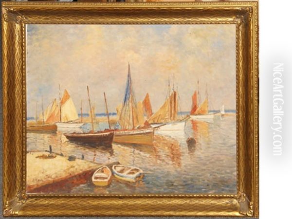 Port With Fishing Ships Oil Painting by Boris B. Major