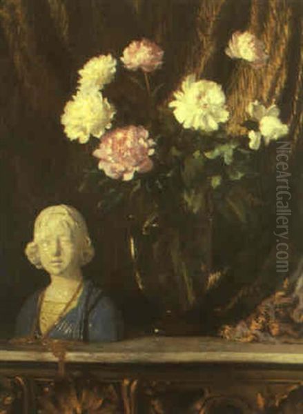 Still Life With Della Robbia Bust And Peonies Oil Painting by Ernest Lee Major