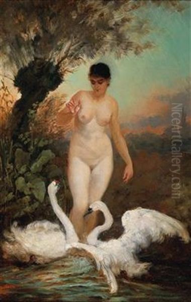 Female Nude With Two Swans Oil Painting by Hans Makart