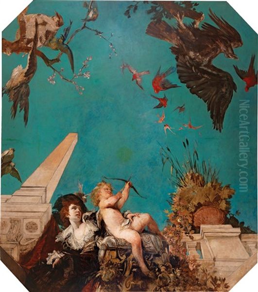 Deckengemalde, Dame Der Gesellschaft Mit Amor In Gartenarchitektur Oil Painting by Hans Makart