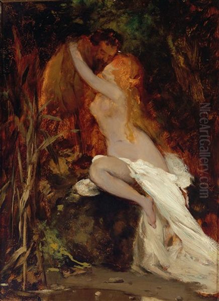 Faun And Nymph Oil Painting by Hans Makart