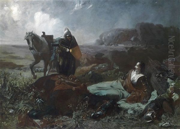 Pappenheims Tod, Tilly Bei Mondschein, Uber Das Schlachtfeld Von Lutzen Reitend, Findet Den Verwundeten Pappenheim Oil Painting by Hans Makart