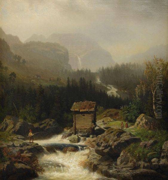 Nordiskt Bergslandskap Med Fors Oil Painting by Edvard Bergh