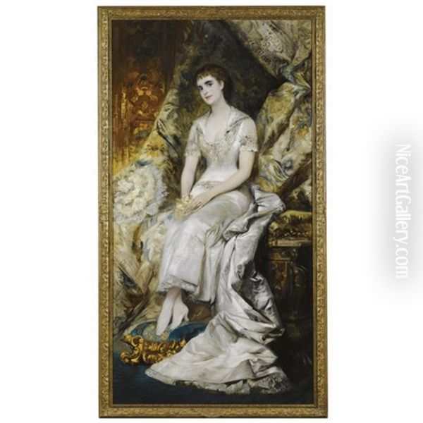 A Portrait Of A Seated Lady, Possibly Countess Bianca Teschenberg Oil Painting by Hans Makart