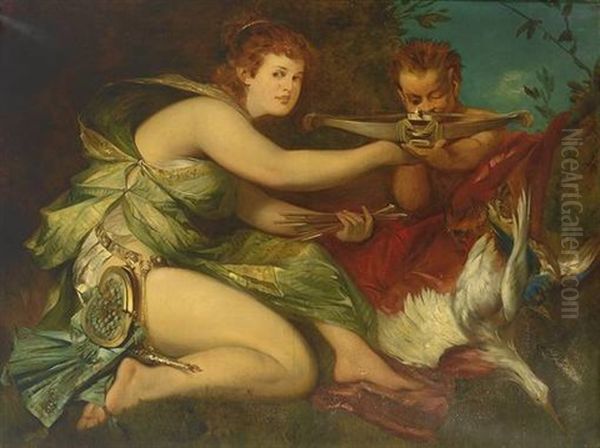 Kniende Diana Legt Zielendem Cupido Den Pfeil Auf Die Armbrust Oil Painting by Hans Makart