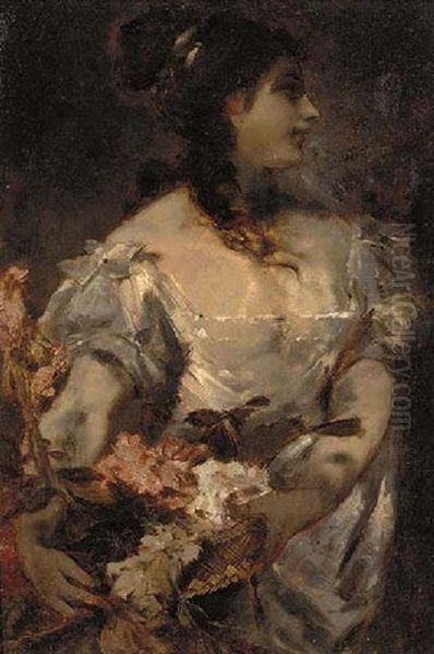 An Elegant Lady With A Flowerbasket Oil Painting by Hans Makart