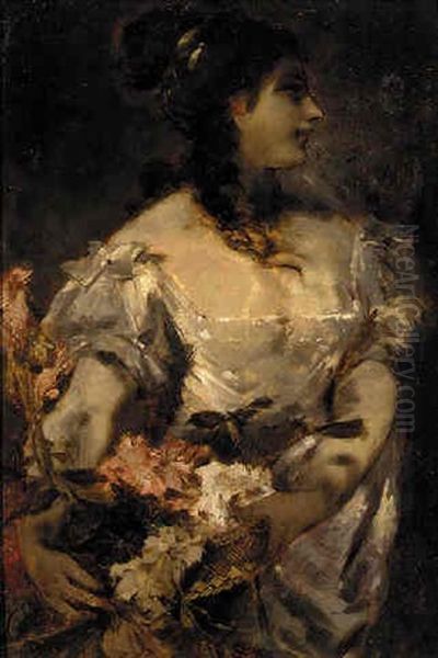 An Elegant Lady With A Flowerbasket Oil Painting by Hans Makart