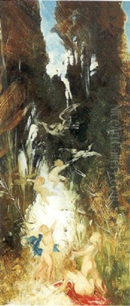 Putti An Einem Waldteich Spielend Oil Painting by Hans Makart