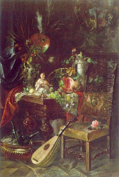 Stilleben Mit Weintrauben, Melone, Feigen Und Blutenbouquets, Wackelchinesen Aus Porzellan Oil Painting by Hans Makart