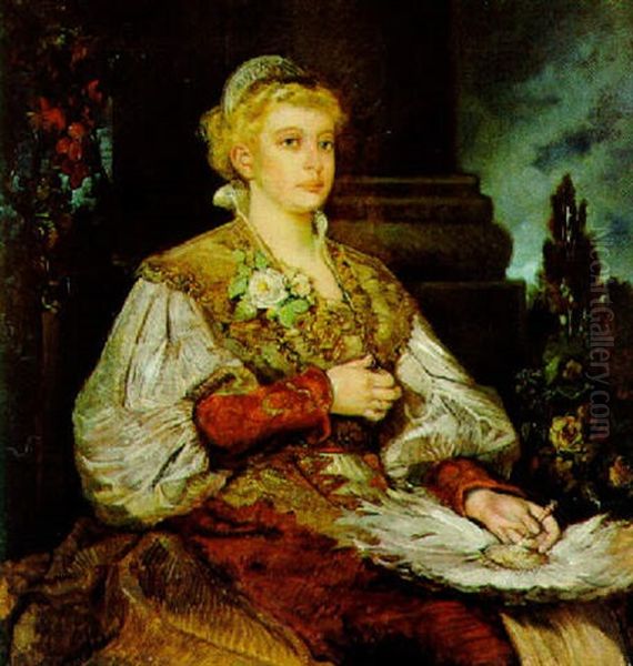 Portrait Einer Dame Mit Facher (hanna Klinkosch?) Oil Painting by Hans Makart