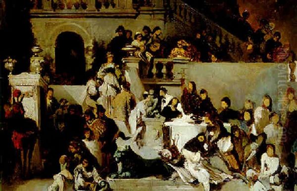 Figures Feasting On A Balcony Oil Painting by Hans Makart