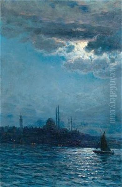 View Of Istanbul In Moonlight Oil Painting by Vartan Makokian