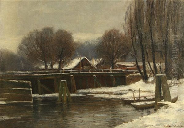 Village On A Snowy Bank Oil Painting by Vartan Makokian