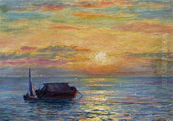 Seascape With A Fishing Boat At Sunset Oil Painting by Vartan Makokian