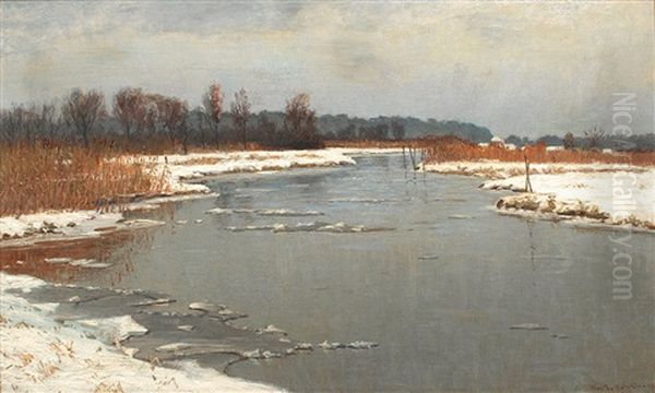 Winterliche Fluslandschaft Mit Fernen Gebauden Oil Painting by Vartan Makokian