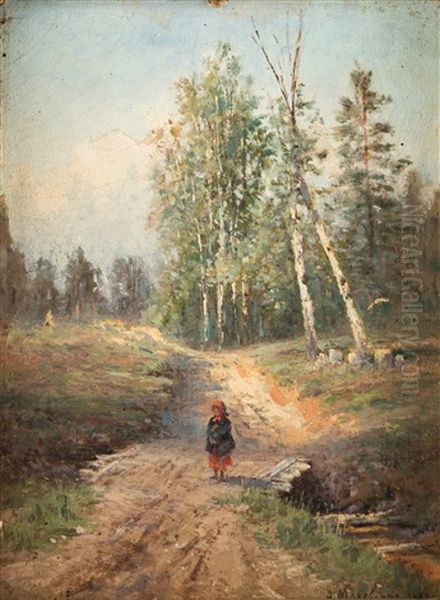 Girl On A Country Lane Oil Painting by Aleksandra Egorovna Makovskaya