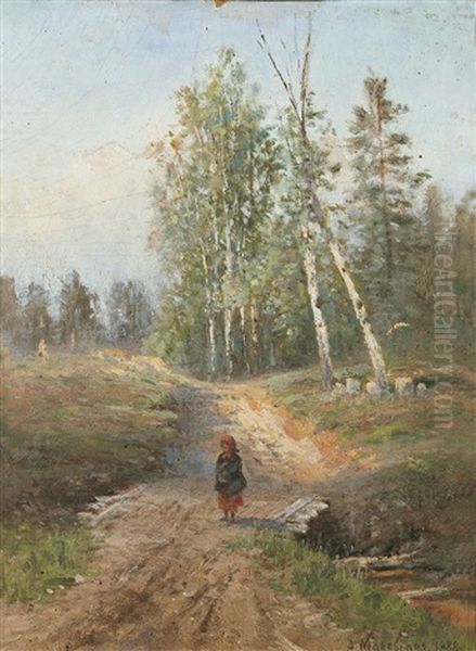 A Girl On A Country Lane Oil Painting by Aleksandra Egorovna Makovskaya