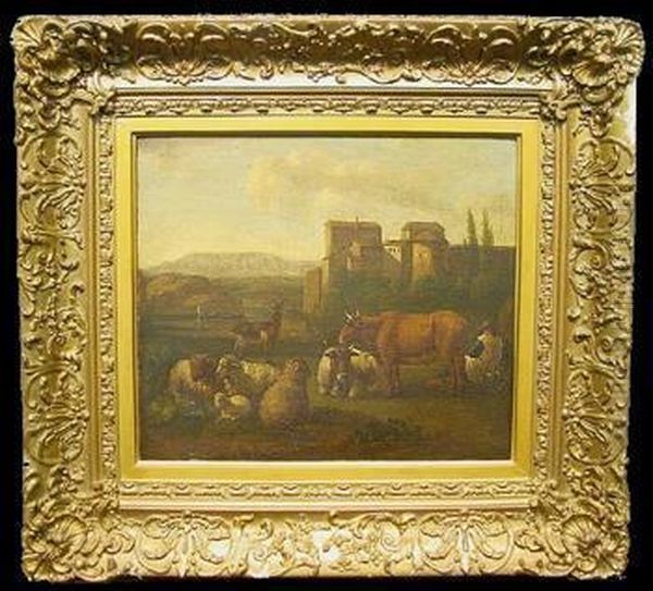 Farm Animals At Rest Near A Village Oil Painting by N. Berghem