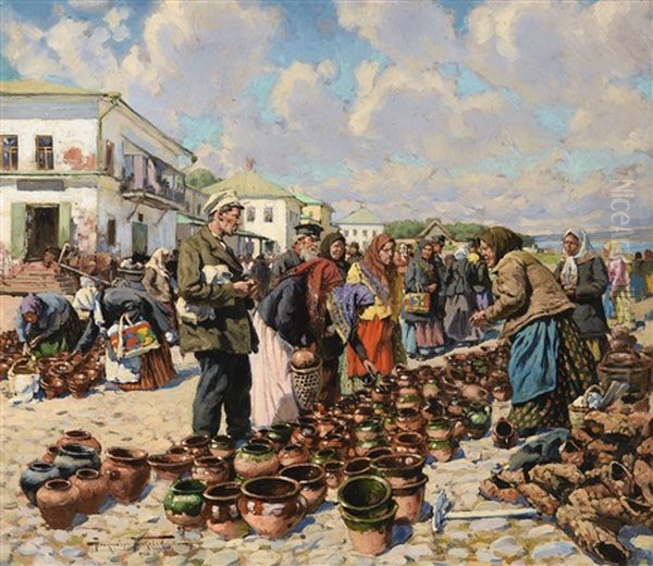 Market Scene Oil Painting by Alexandr Vladimirovich Makovsky