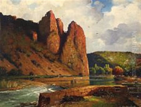 Riverscape With Steep Mountains Oil Painting by Alexandr Vladimirovich Makovsky