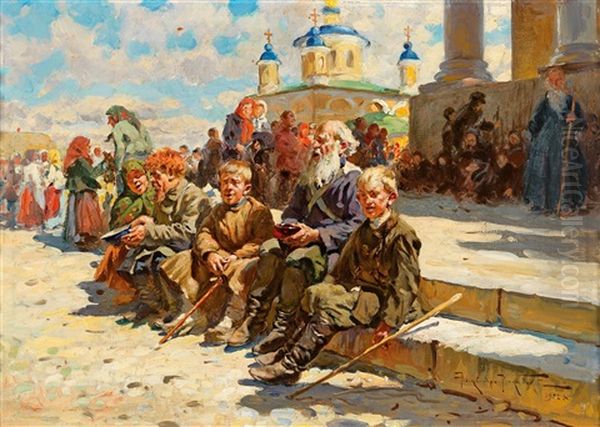 Outside The Church Oil Painting by Alexandr Vladimirovich Makovsky