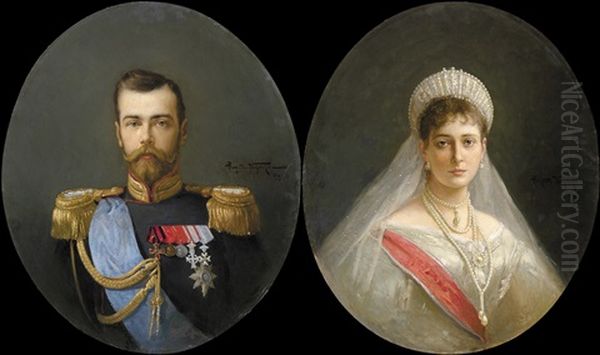 Portrait Of Nikolai Ii (+ Portrait Of Alexandra Fedorovna; 2 Works) Oil Painting by Alexandr Vladimirovich Makovsky