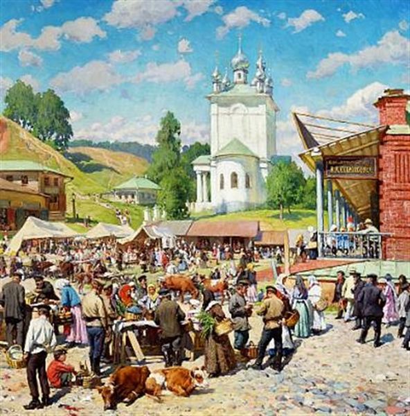 Market Day At Voskresenski Church In Plyos, Russia Oil Painting by Alexandr Vladimirovich Makovsky