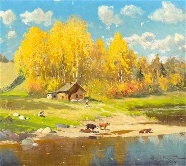 Landschaft Mit Haus Und See Oil Painting by Alexandr Vladimirovich Makovsky