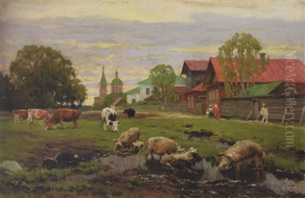 Provincial Russian Village Oil Painting by Alexandr Vladimirovich Makovsky