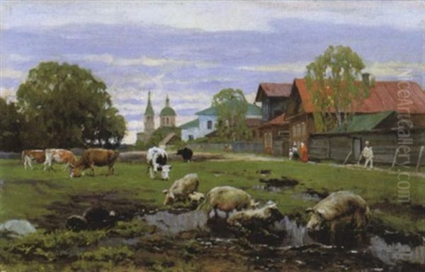 Dorpsgezicht Met Vee Oil Painting by Alexandr Vladimirovich Makovsky