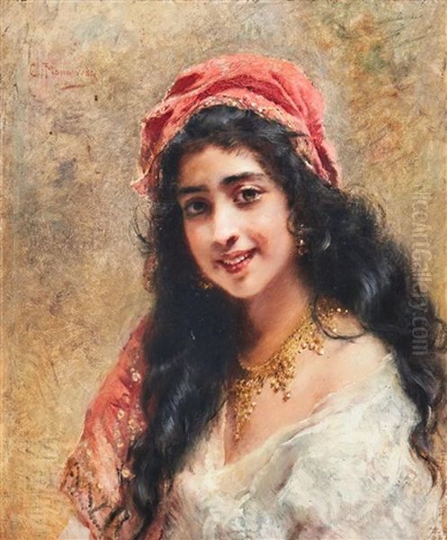 Portrait Of A Young Woman Oil Painting by Konstantin Egorovich Makovsky