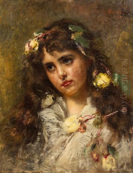 Portrait Of Young Girl With Blossoms Oil Painting by Konstantin Egorovich Makovsky