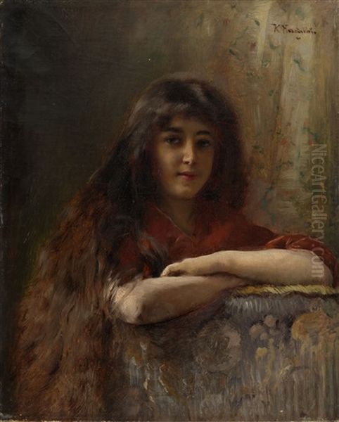 Portrait Of A Young Girl Oil Painting by Konstantin Egorovich Makovsky