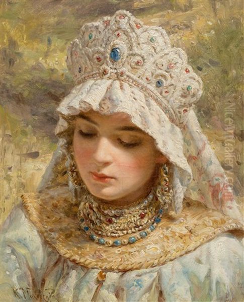 Portrait Of A Lady With Coconut Jewellery Oil Painting by Konstantin Egorovich Makovsky