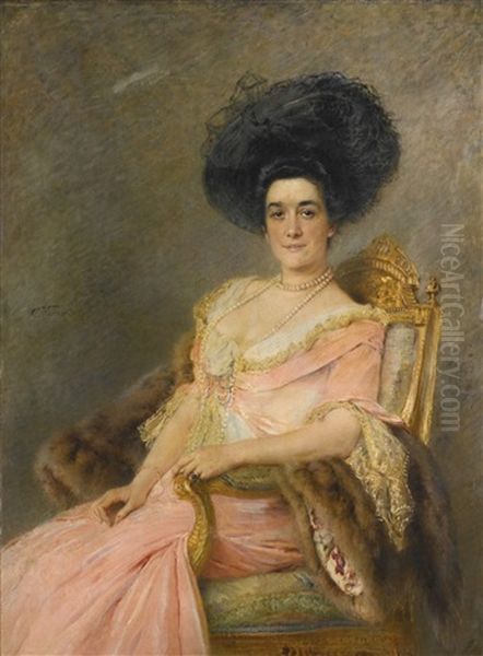 Lady In Pink (portrait Of Marina Ionina) Oil Painting by Konstantin Egorovich Makovsky