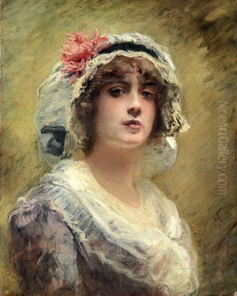 Jeune Femme Aux Chrysanthemes Rouge Oil Painting by Konstantin Egorovich Makovsky