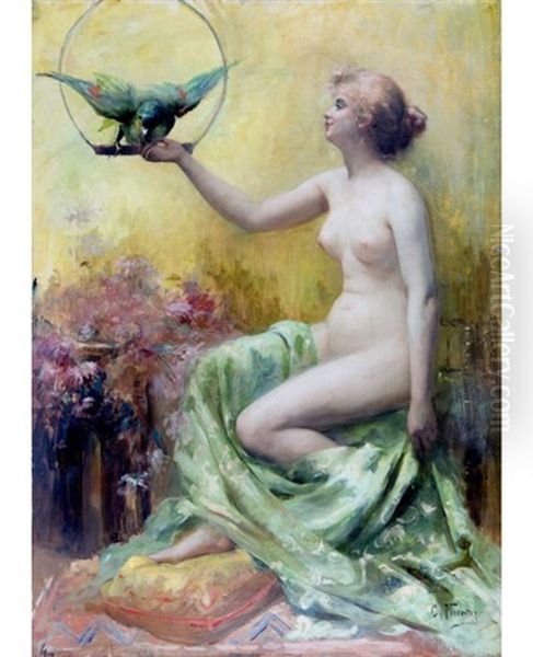 A Tender Touch (woman With Parrot) Oil Painting by Konstantin Egorovich Makovsky