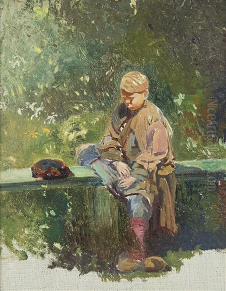 Study Of A Boy Resting On A Bench Oil Painting by Konstantin Egorovich Makovsky