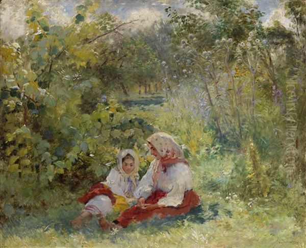 In The Garden Oil Painting by Konstantin Egorovich Makovsky