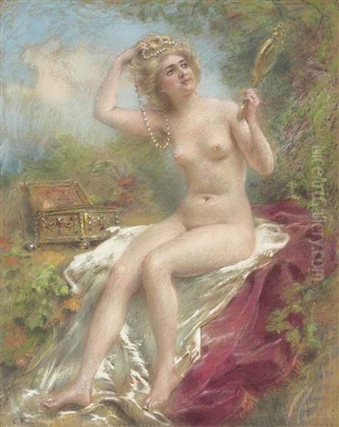 Seated Nude Looking In A Mirror Oil Painting by Konstantin Egorovich Makovsky