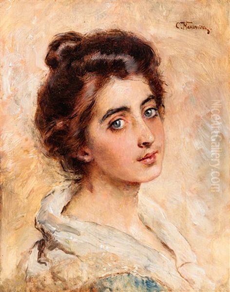 Portrait Of A Young Woman Oil Painting by Konstantin Egorovich Makovsky