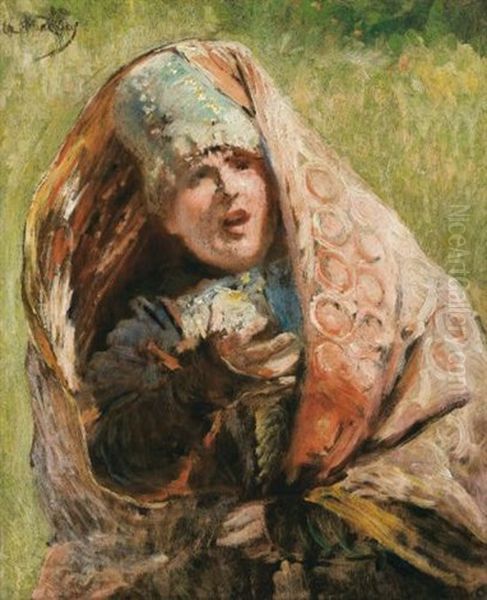 Portrait Of A Peasant Woman: Study For Minin Appealing To People Of Nizhnii Novgorod (1894-1896) Oil Painting by Konstantin Egorovich Makovsky