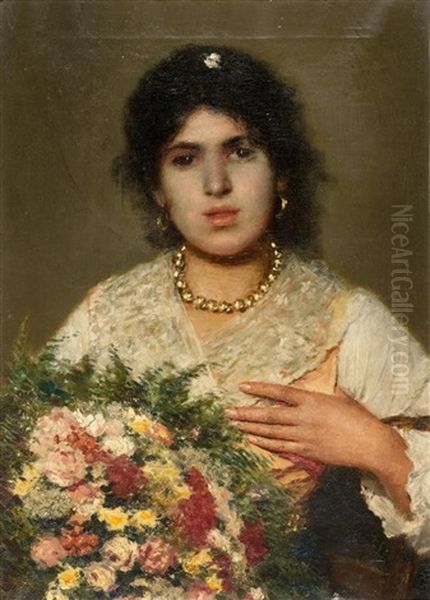 Zigeunermadchen Mit Blumenstrauss Oil Painting by Konstantin Egorovich Makovsky