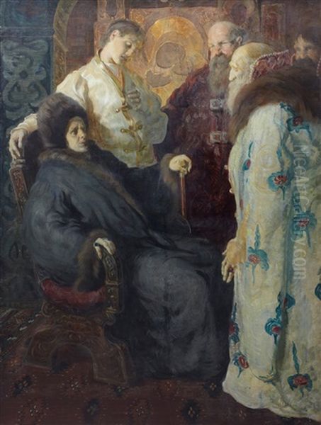 The Ambassadors Of The Zemsky Sobor Trying To Convince The Nun Marfa That Her Son Mikhail Fyodorovich Romanov Should Accept The Crown Oil Painting by Konstantin Egorovich Makovsky