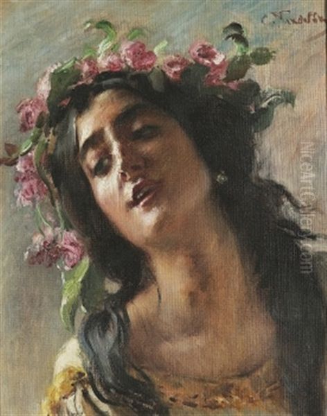 Woman With Garland (study) Oil Painting by Konstantin Egorovich Makovsky