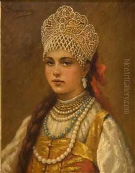 Portrait D'une Jeune Fille En Tenue Traditionnelle Oil Painting by Konstantin Egorovich Makovsky