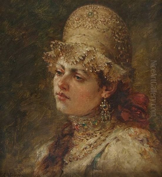 Portrat Einer Jungen Frau Oil Painting by Konstantin Egorovich Makovsky