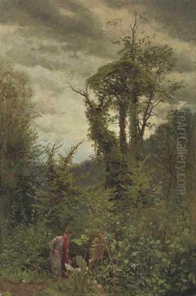 An Artist At Her Easel In A Wooded Landscape Oil Painting by Konstantin Egorovich Makovsky